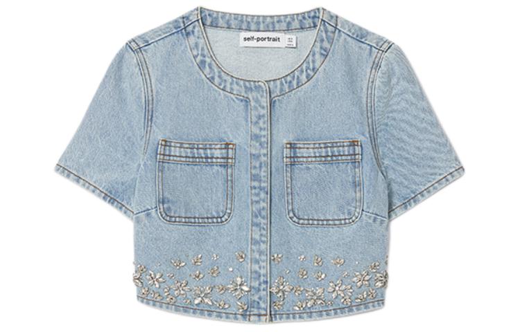 (Women) Self-Portrait  Denim Jacket with Rhinestone Details and Short Sleeves. SWF352C04200 圖 2