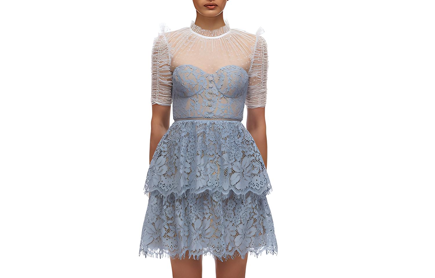 (Women) Self-Portrait  Dusty Blue Polka Dot Lace Midi A-Line Dress SWF321Y04100