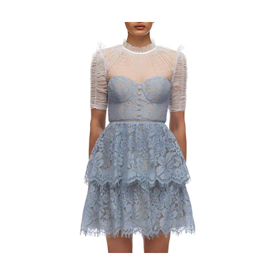(Women) Self-Portrait Dusty Blue Polka Dot Lace Midi A-Line Dress SWF321Y04100