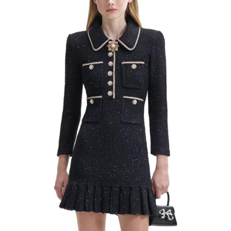 (Women) Self-Portrait  Elegant Knit Button-Up Long Sleeve Dress in Classic Black. SWF344M04400 圖 3