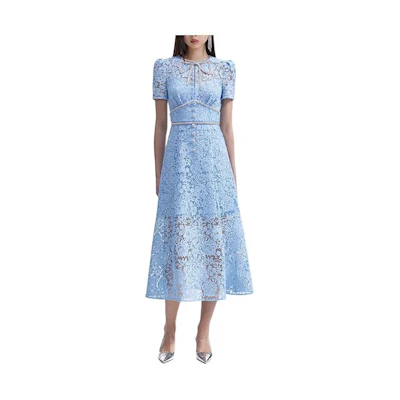(Women) Self-Portrait Elegant Lace Midi Dress Short Sleeve Party Gown SWF352Y28000