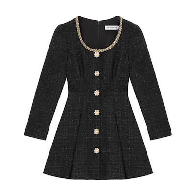 (Women) Self-Portrait Elegant Long Sleeve Round Neck Dress in Classic Black SWF351Y01600