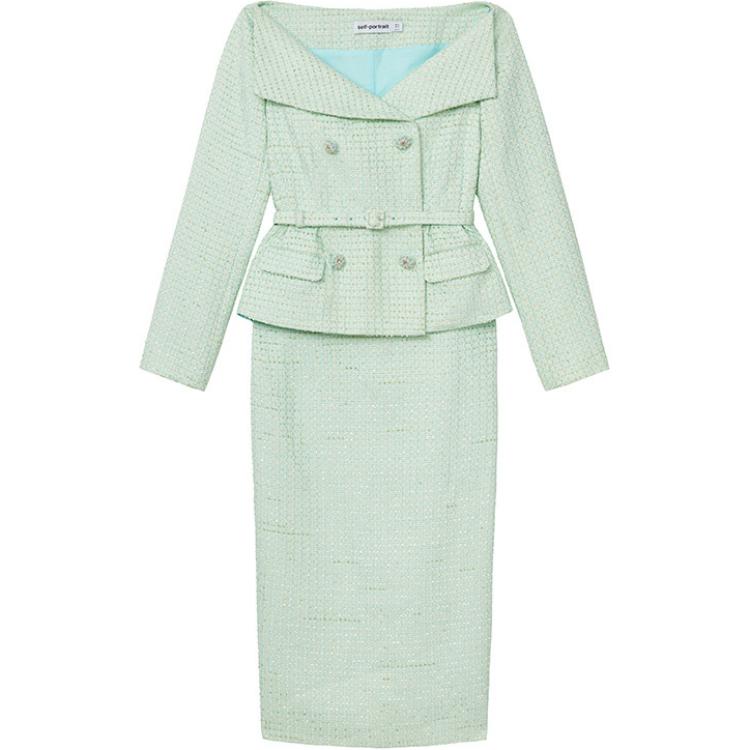 (Women) Self-Portrait  Elegant Mint Green Long Sleeve Top & Midi Skirt Set SWF351Y01700