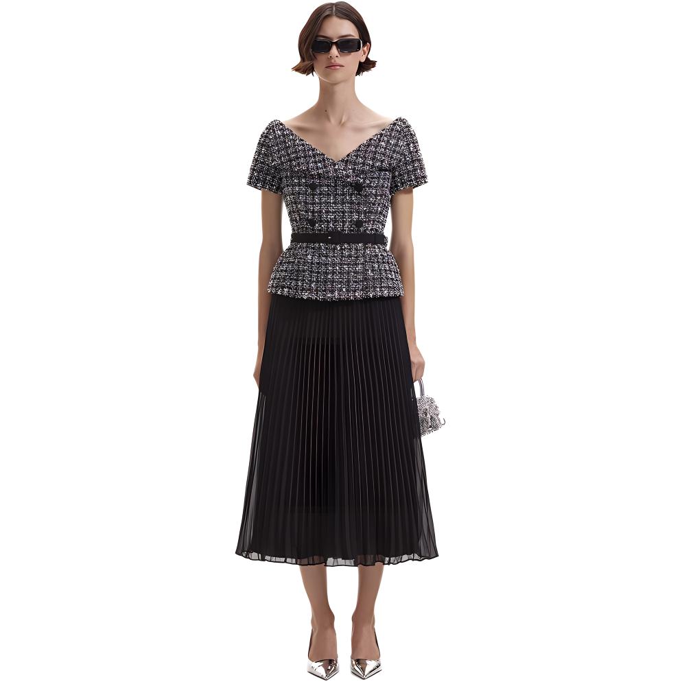 (Women) Self-Portrait  Elegant Off-Shoulder Plaid Midi Dress with Pleated Skirt. SWF352Y24900