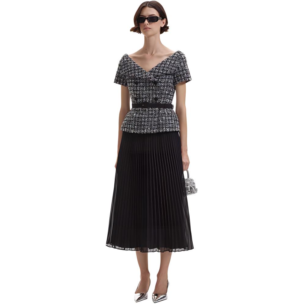 Lookbook (W) Self-Portrait 优雅一字肩格纹褶皱中长连衣裙 SWF352Y24900