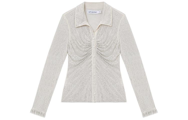 (Women) Self-Portrait  Elegant Rhinestone Long Sleeve Shirt in Ivory White. SWF352C02800
