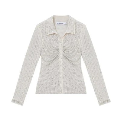 (Women) Self-Portrait Elegant Rhinestone Long Sleeve Shirt in Ivory White. SWF352C02800