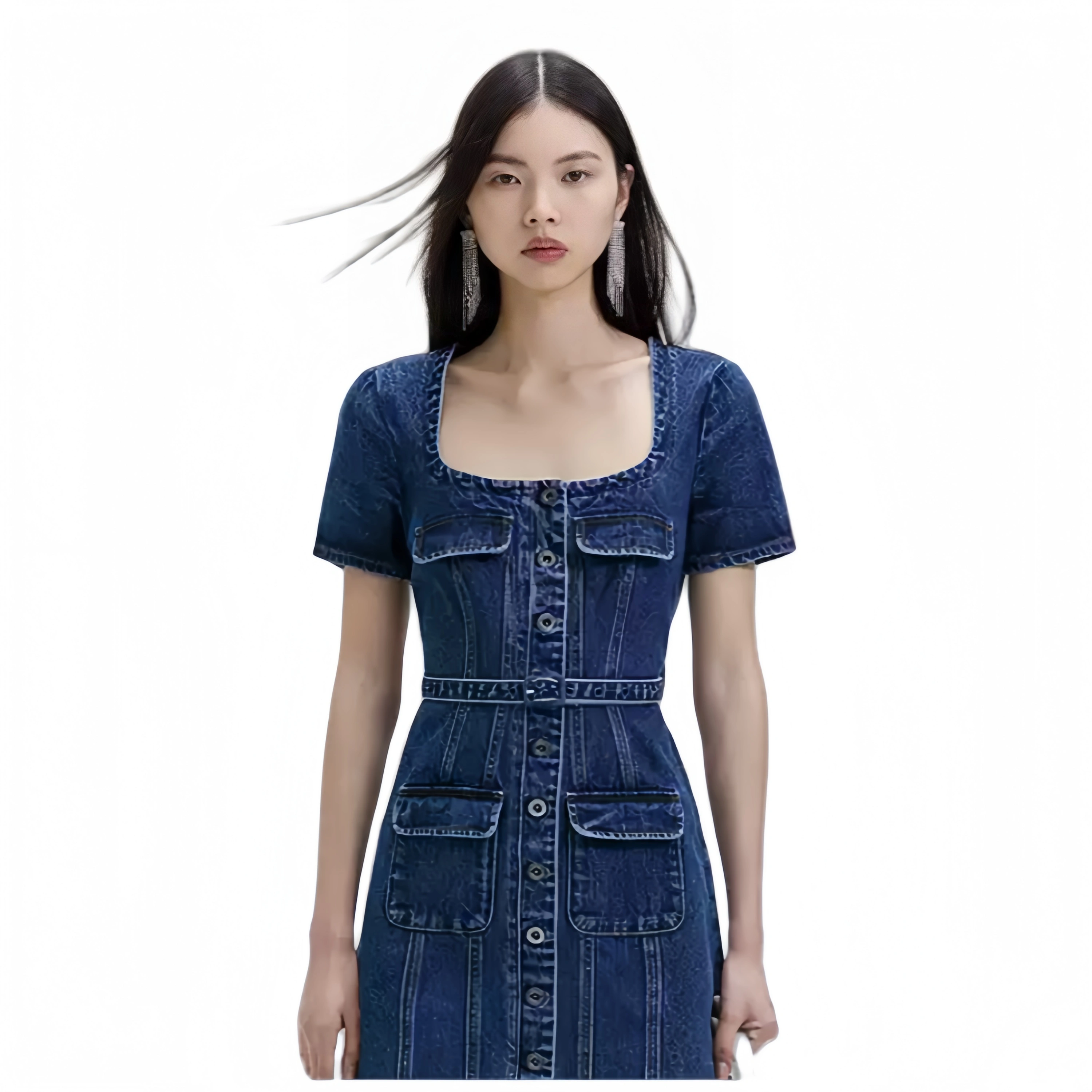 (Women) Self-Portrait  Elegant Square-Neck A-Line Short Sleeve Party Dress. SWF351Y05700