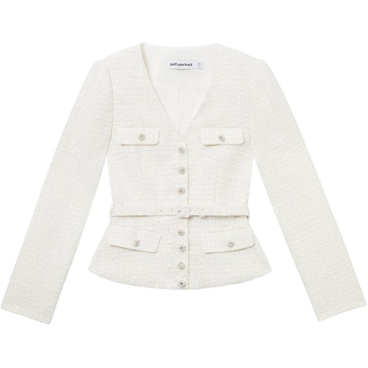 (Women) Self-Portrait  Elegant V-Neck Jacket Ivory White SWF344T01100