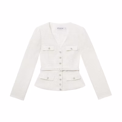 (Women) Self-Portrait Elegant V-Neck Jacket Ivory White SWF344T01100