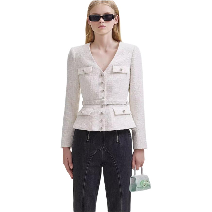 (Women) Self-Portrait  Elegant V-Neck Jacket Ivory White SWF344T01100 圖 5