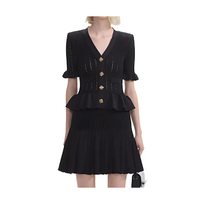 (Women) Self-Portrait Elegant V-Neck Short-Sleeve Dress in Classic Black SWF353M02400