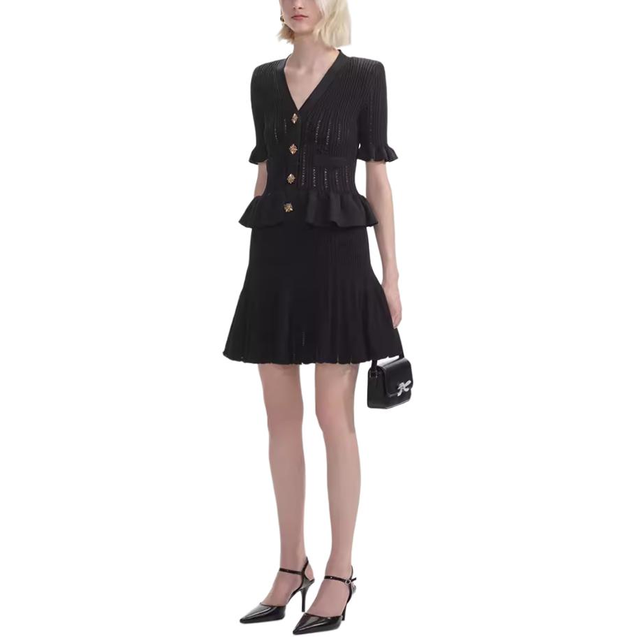 (Women) Self-Portrait  Elegant V-Neck Short-Sleeve Dress in Classic Black SWF353M02400 圖 4