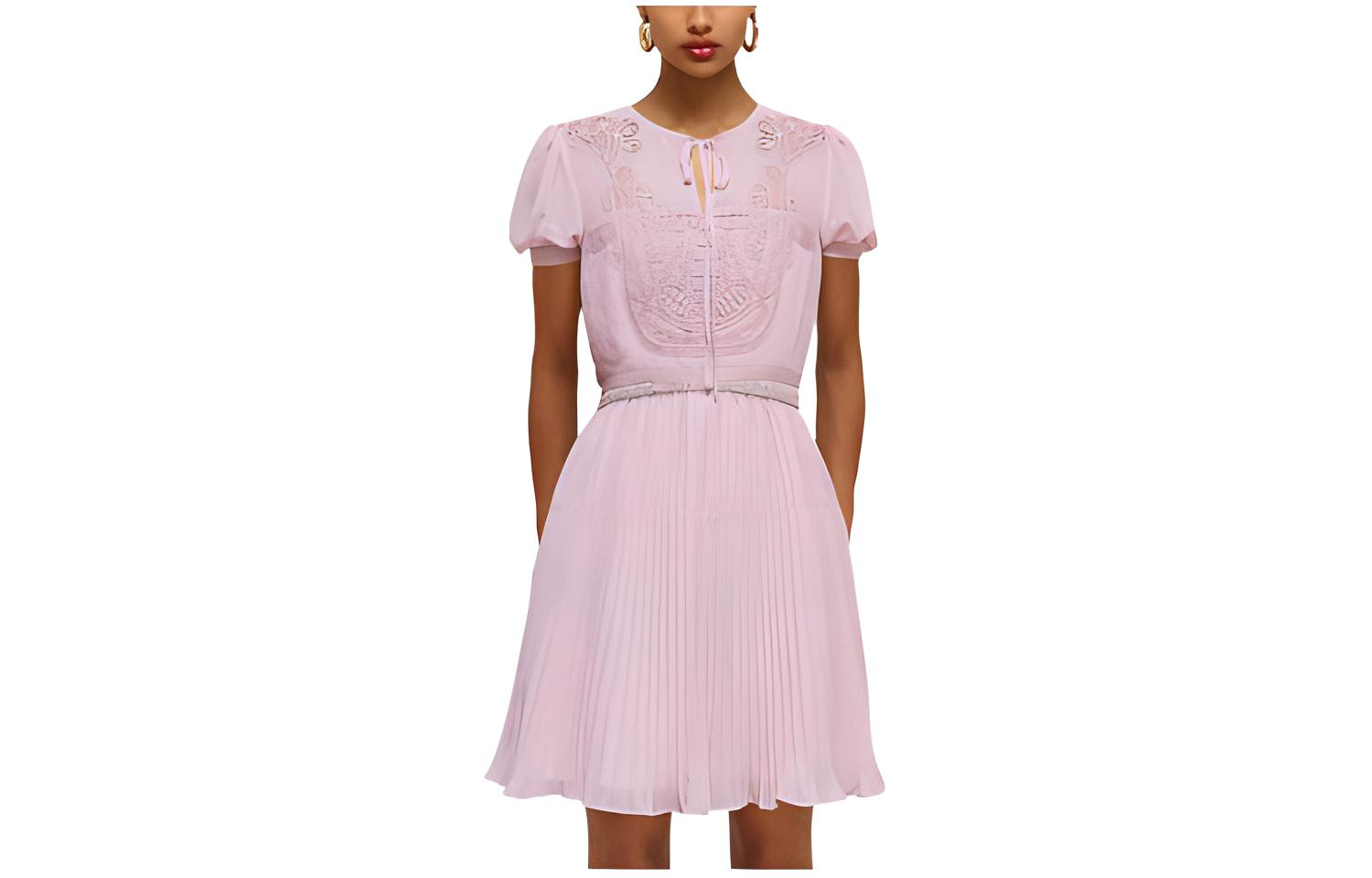 (Women) Self-Portrait  Embroidered Tie Short-Sleeve Dress SWF332Y15600