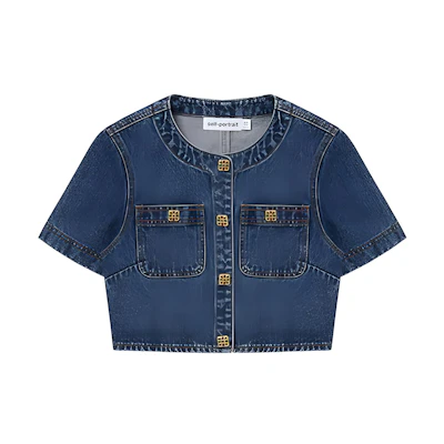 (Women) Self-Portrait Fitted Cropped Denim Jacket in Blue Denim. SWF352C03900