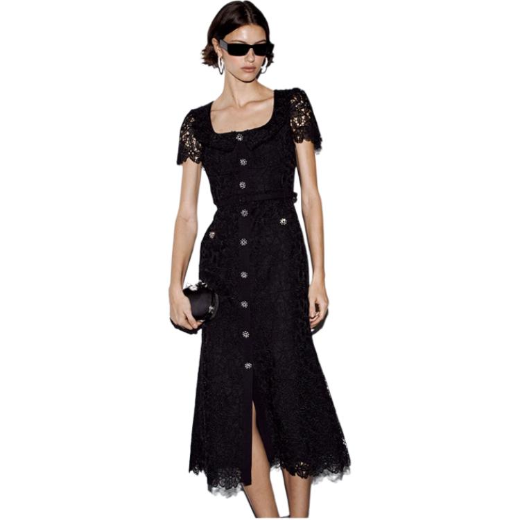 (Women) Self-Portrait  Floral Square-Neck Midi Dress Short-Sleeve Classic Black SWF352Y12900 圖 5