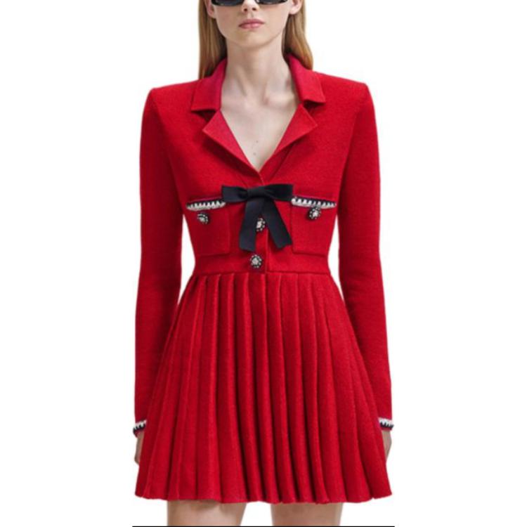 (Women) Self-Portrait  French Red Bow Collar Pleated A-Line Long Sleeve Dress SWF344M05000