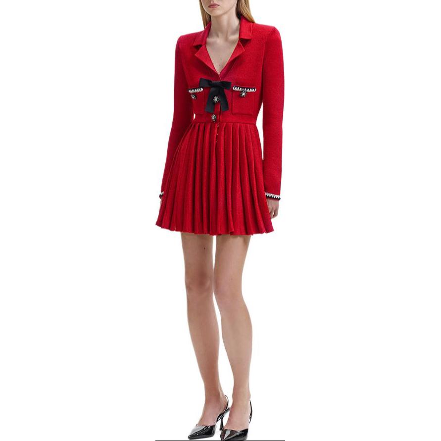 (Women) Self-Portrait  French Red Bow Collar Pleated A-Line Long Sleeve Dress SWF344M05000 圖 3
