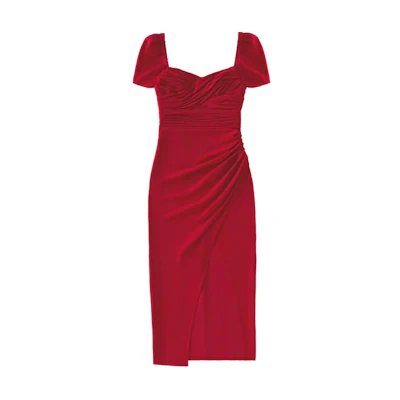 (Women) Self-Portrait French Red Puff Sleeve Square Neck Midi Dress SWF336Y09000