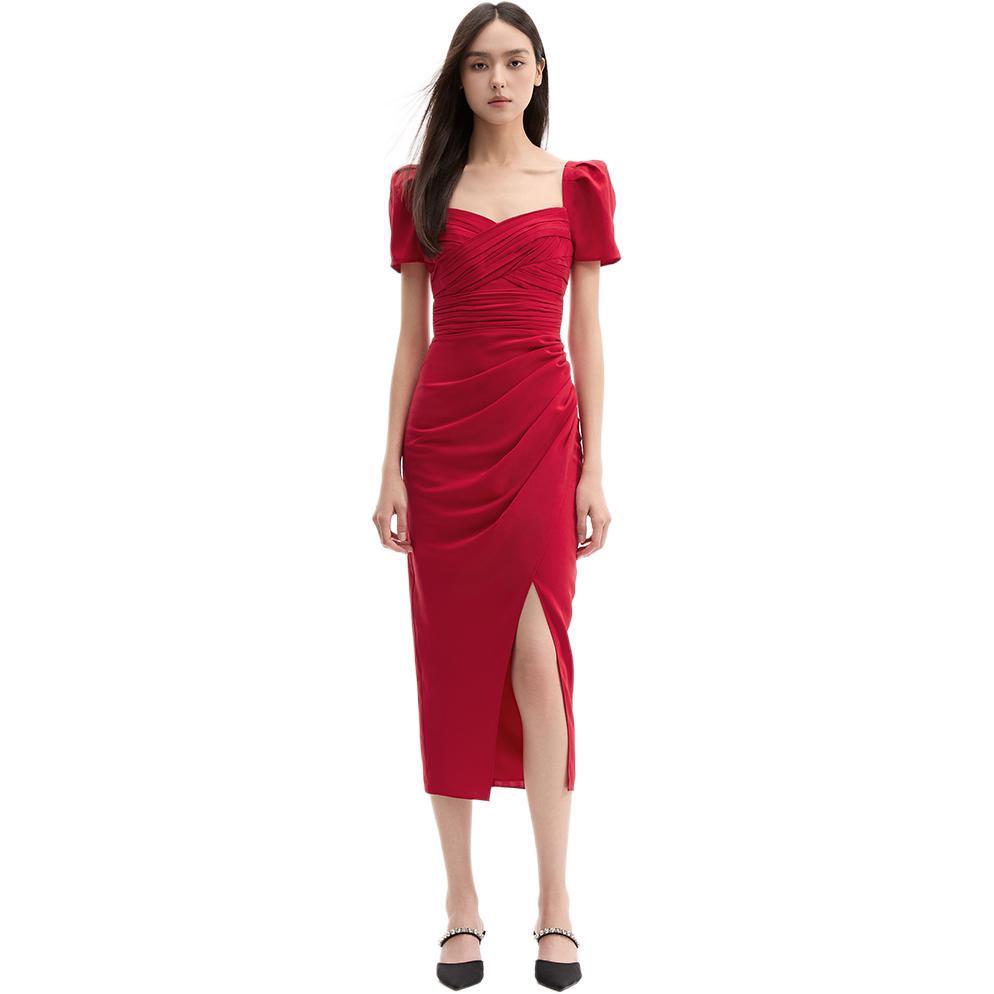 (Women) Self-Portrait  French Red Puff Sleeve Square Neck Midi Dress SWF336Y09000 圖 3