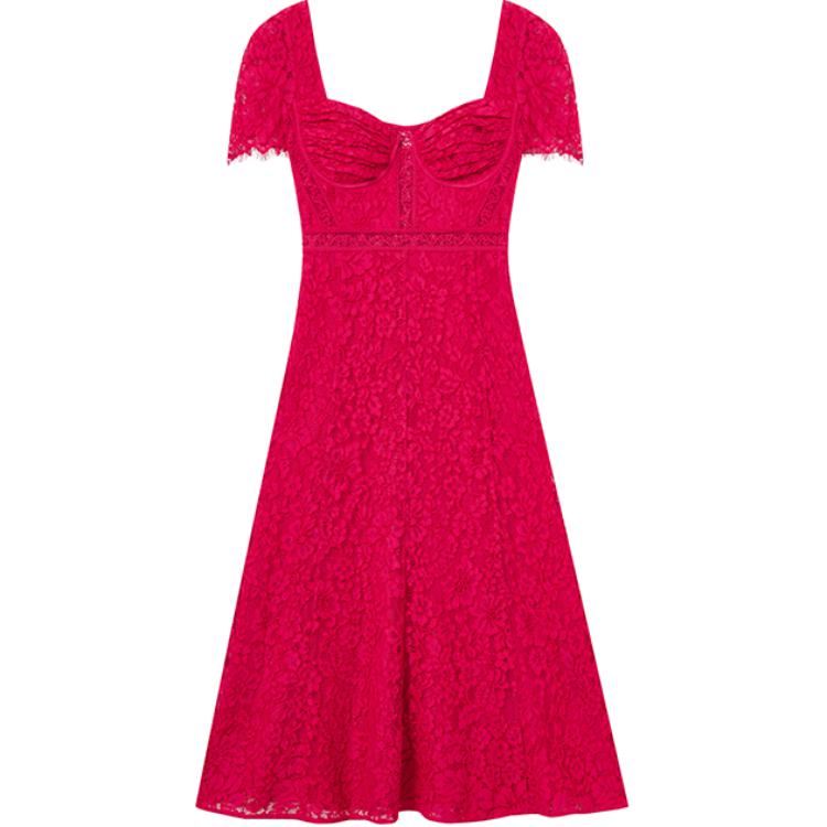 (Women) Self-Portrait  French Red Square Neck Cutout Waist Short Sleeve Dress SWF343Y02300 圖 2