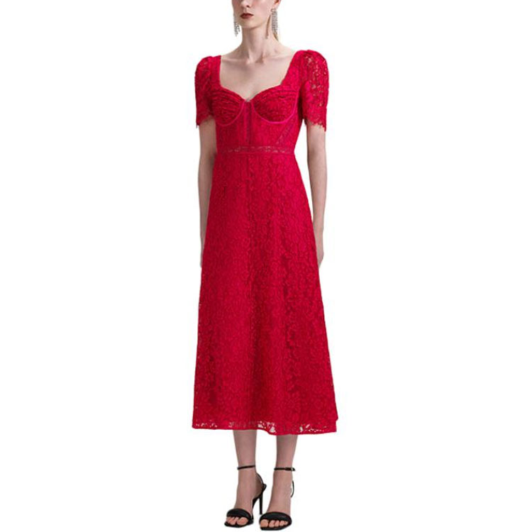 (Women) Self-Portrait  French Red Square Neck Cutout Waist Short Sleeve Dress SWF343Y02300 圖 3