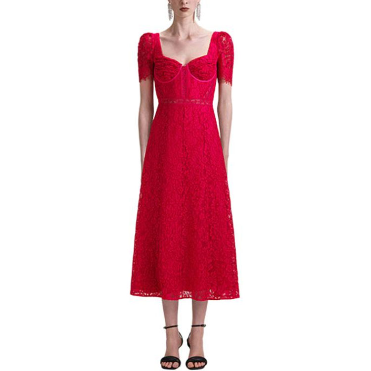 (Women) Self-Portrait  French Red Square Neck Cutout Waist Short Sleeve Dress SWF343Y02300 圖 4