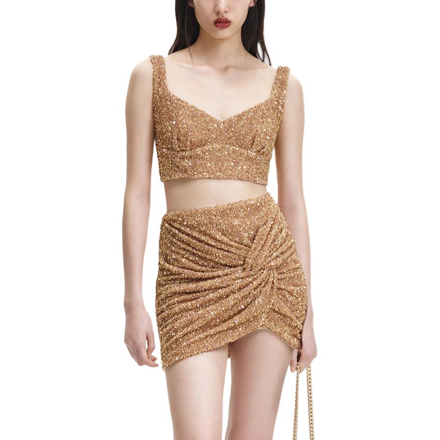 (Women) Self-Portrait  Gold Sequin Mesh Design Spaghetti Strap Dress SWF344B00900