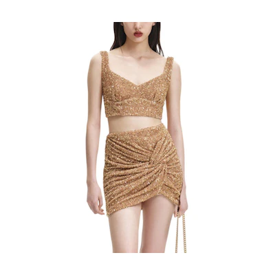 (Women) Self-Portrait Gold Sequin Mesh Design Spaghetti Strap Dress SWF344B00900