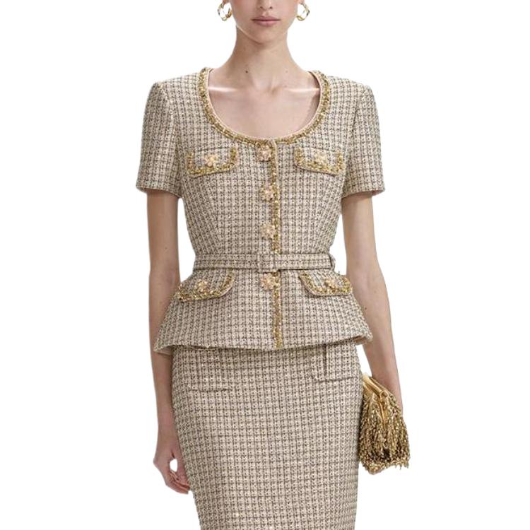 (Women) Self-Portrait  Gold Short Sleeve Jacket - Comfortable & Breathable. SWF353T00900