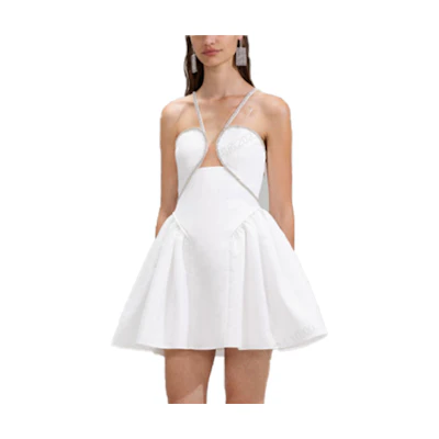 (Women) Self-Portrait Halterneck Embellished Flare Sleeveless Dress in Pure White SWF341Y01600