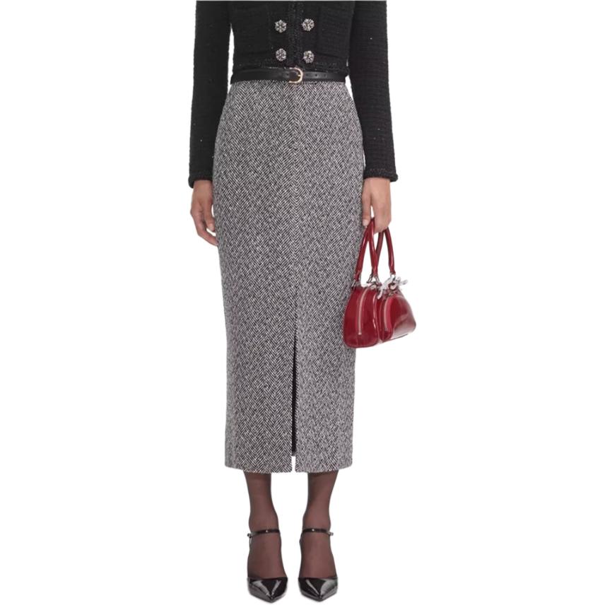 (Women) Self-Portrait  Herringbone Knit High-Waisted Slim Casual Skirt - Gray AW24059MSKABBLACK