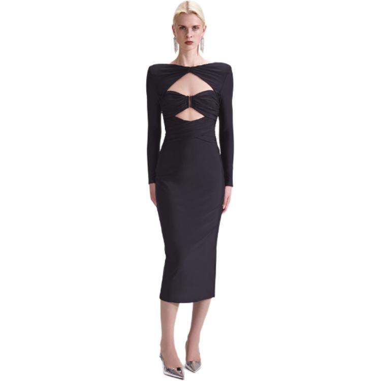 Lookbook (Women) Self-Portrait  High-Waist Long-Sleeve Dress in Classic Black. SWF343Y10200