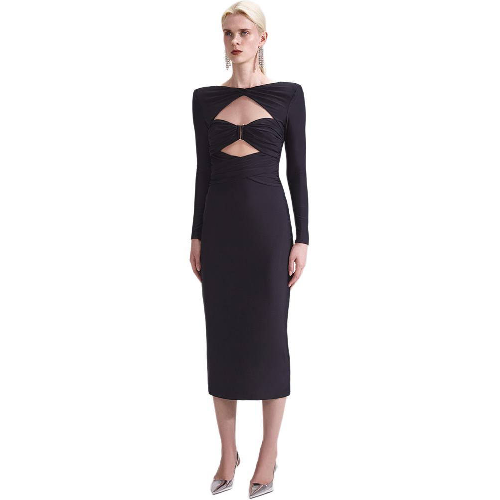 Shop (Women) Self-Portrait  High-Waist Long-Sleeve Dress in Classic Black. SWF343Y10200