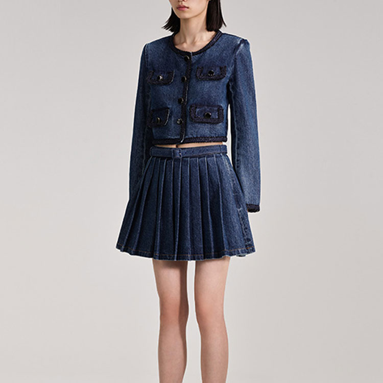 Shop (W) Self-Portrait 高腰褶皱蓝色牛仔迷你裙. SWF343Q00700