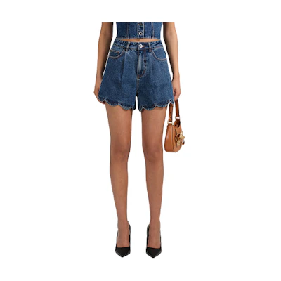 (Women) Self-Portrait High-Waist Ruffle Denim Shorts in Blue. SWF341K00200574