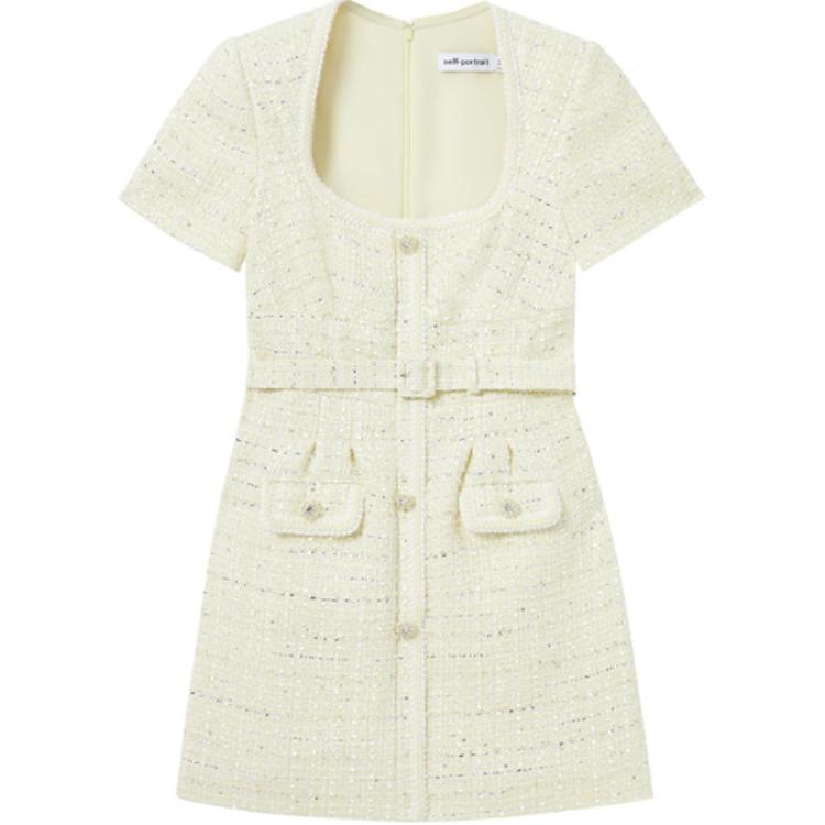 (Women) Self-Portrait  High-Waist Short-Sleeve Dress Cream Yellow SWF343Y10700