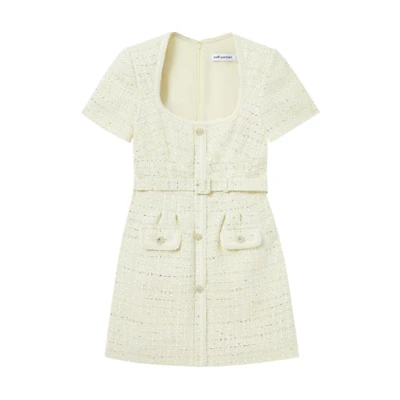 (Women) Self-Portrait High-Waist Short-Sleeve Dress Cream Yellow SWF343Y10700