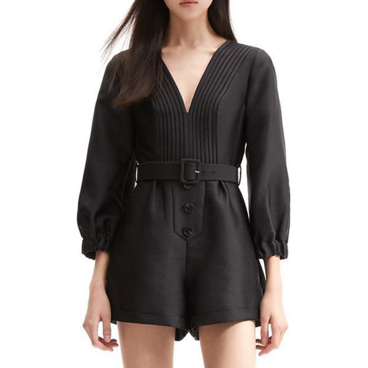 Lookbook (W) Self-Portrait 高腰V領連體褲 經典黑色。 SWF352K01300