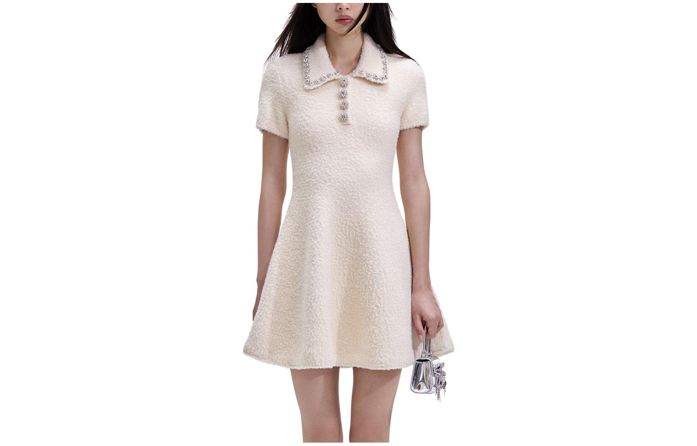 (Women) Self-Portrait  Ivory Knit Polo Collar Short-Sleeve Evening Party Dress SWF351M01000