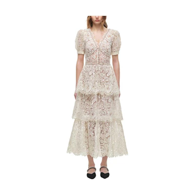 (Women) Self-Portrait Ivory Sequin Lace Tiered High-Waist V-Neck Dress SWF324Y10500