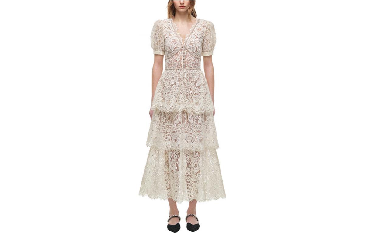 (Women) Self-Portrait  Ivory Sequin Lace Tiered High-Waist V-Neck Dress SWF324Y10500 圖 2
