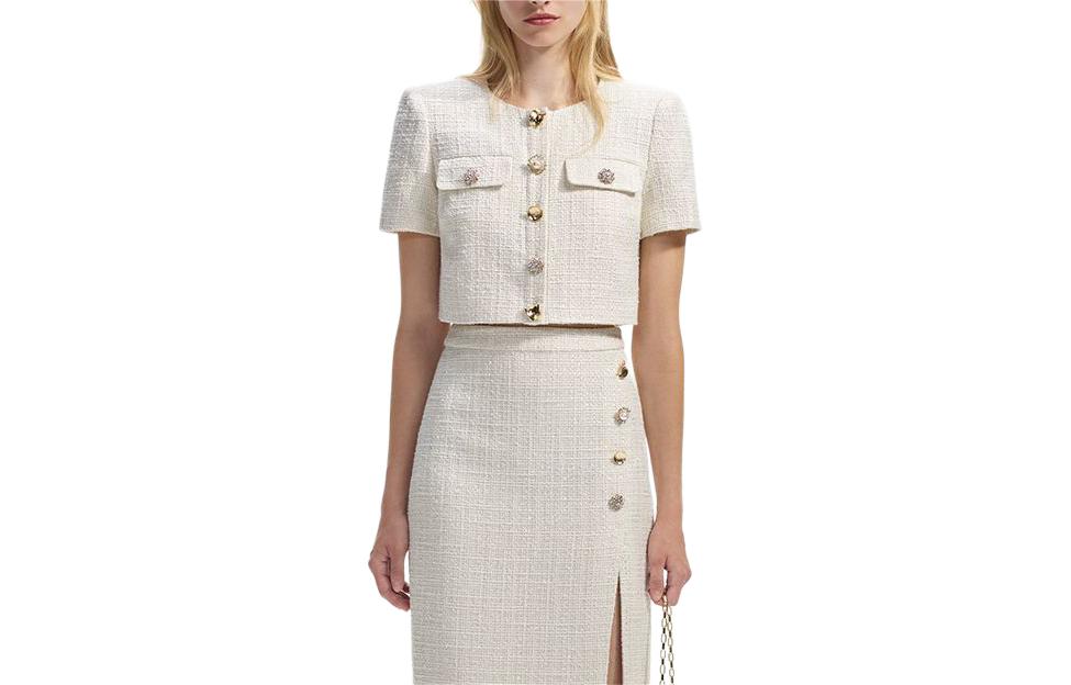(Women) Self-Portrait  Ivory Tweed Short Cropped Jacket with Round Neck & Buttons SWF351T01300