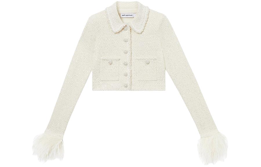 (Women) Self-Portrait  Ivory White Collared Long-Sleeve Jacket. SWF344M03300