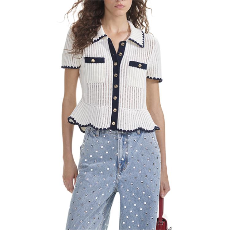 (Women) Self-Portrait  Ivory White Colorblock Knit Short-Sleeve Cardigan. SWF353M02100