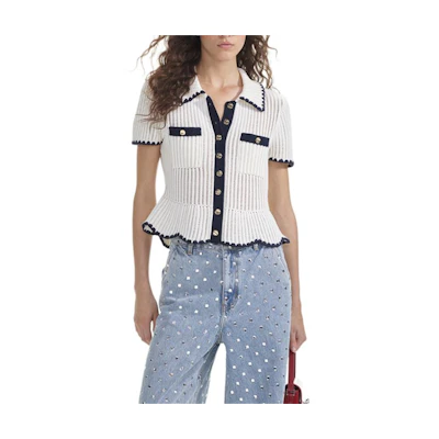 (Women) Self-Portrait Ivory White Colorblock Knit Short-Sleeve Cardigan. SWF353M02100