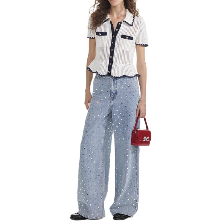 Lookbook (W) Self-Portrait Cardigan Rajut Ivory Putih Kombinasi Lengan Pendek. SWF353M02100