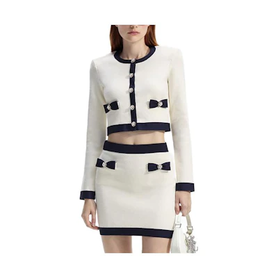 (Women) Self-Portrait Ivory White Knit Cardigan Long Sleeve Short Style. SWF351M02400