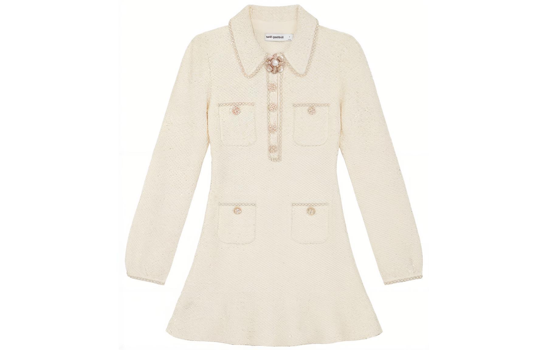 (Women) Self-Portrait  Ivory White Knit Long-Sleeve Dress with Pearled Accent SWF344M02800