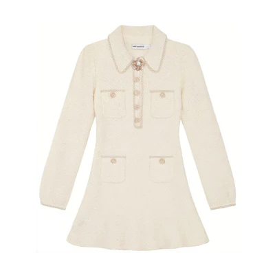 (Women) Self-Portrait Ivory White Knit Long-Sleeve Dress with Pearled Accent SWF344M02800
